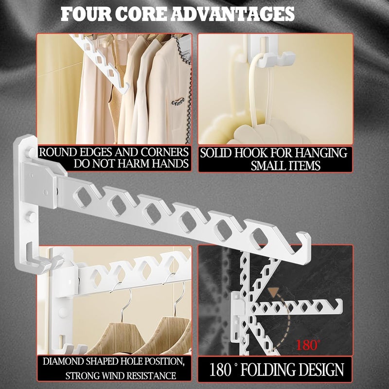 Dr.DJ Wall Mount Coat Hanger Holder White Clothes Drying Organizer Rack Garment Hooks Aluminium Retractable Folding Indoor Wall Mounted Hanger for Laundry Room Bedroom White 2Pack with 80cm Rod - Image 2